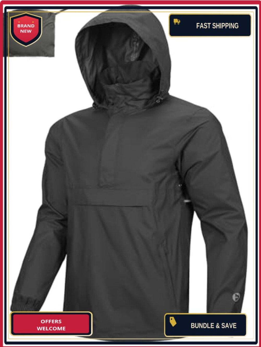 Men's Waterproof Rain Jacket Lightweight Packable Pullover Hooded